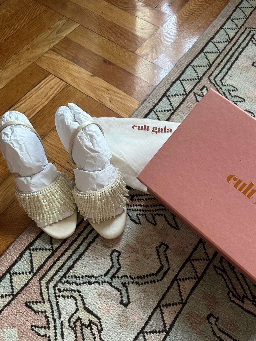 cult gaia cassia Ivory Beaded Fringe Heeled Sandals